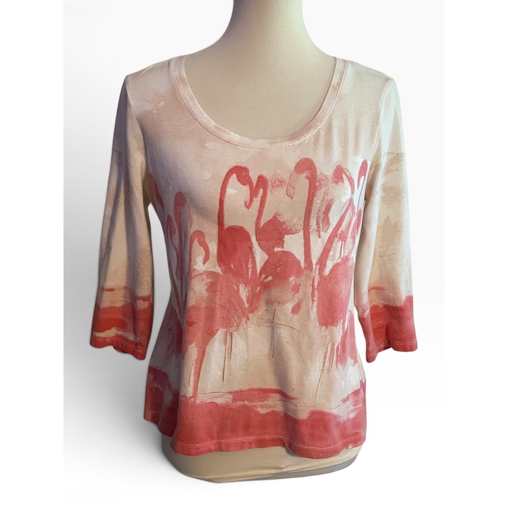 Chico's Flamingo Graphic Top Women M/8 Pink Cream 3/4 Sleeve Scoop Neck